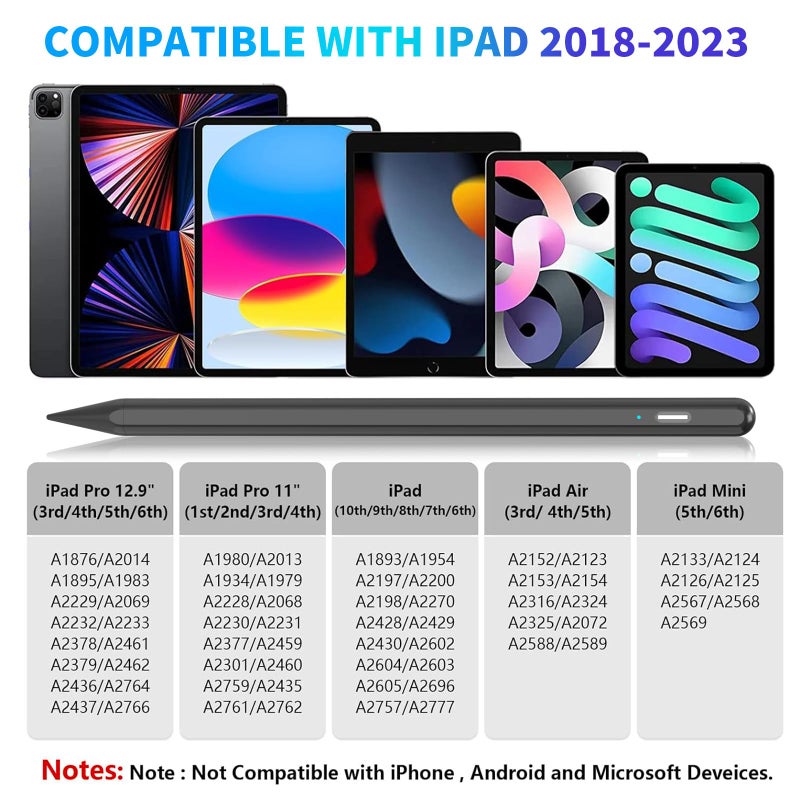 COO Stylus Pen for iPad 9th&10th Generation, Fast Charge for iPad Pencil, Stylus Pen with Palm Rejection, Pen for iPad Pro 11/12.9 inch(2018-2023), iPad mini 5/6/Air 3/4/5, iPad 6/7/8/9/10 (Black) - Image 2