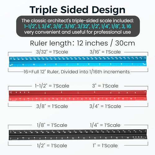 Rena Chris Architectural Scale Ruler: 12" Imperial Aluminum Alloy Metal Architecture Measuring Tools, Engineering Drafting Construction Drawing Blueprints Triangular Architect Scaling Rulers 12 Inches - Image 3