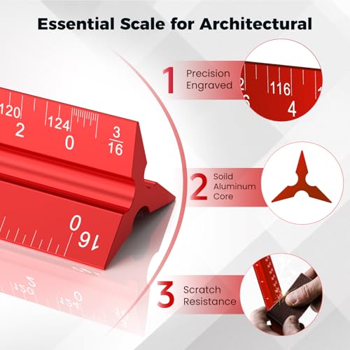 Rena Chris Architectural Scale Ruler: 12" Imperial Aluminum Alloy Metal Architecture Measuring Tools, Engineering Drafting Construction Drawing Blueprints Triangular Architect Scaling Rulers 12 Inches - Image 2