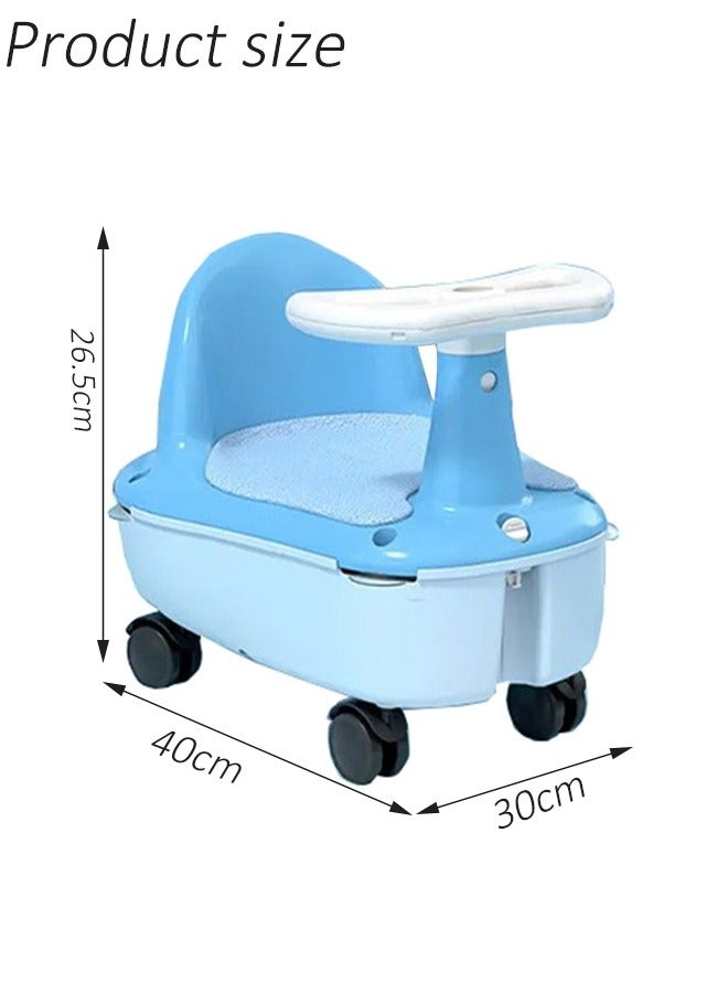 ضغط فين مقعد استحمام للأطفال 3 في 1، مقعد استحمام للأطفال الصغار غير قابل للانزلاق، مشاية أطفال ومقعد تخزين متعدد الوظائف، مقعد استحمام للأطفال مع وسادة مقعد ناعمة من البولي يوريثان وعجلات عالمية، يمكن استخدامه ككرسي طعام للأطفال وسكوتر للأطفال (أزرق) - Image 2