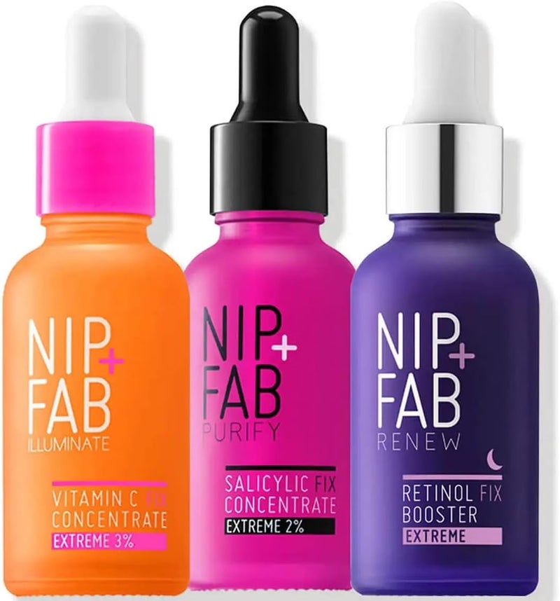 Nip Fab Booster Trio Bundle Help to Replenish Tone and Hydrate Face Skin Contains Vitamin C Concentrate Extreme 3 Salicylic Fix Concentrate Extreme 2 Retinol Fix Booster