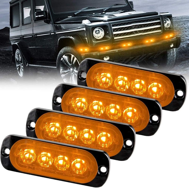 Sidaqi Amber 4-LED Surface Flash Mount Grille Emergency Strobe Lights Ultra Slim Deck Dash Grill Warning Police Light Hazard Beacon Caution Flashing Light for Vehicles Van Waterproof 12-24V-4PCS - Image 1