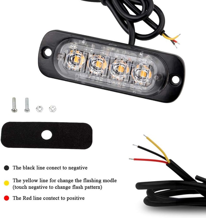 Sidaqi Amber 4-LED Surface Flash Mount Grille Emergency Strobe Lights Ultra Slim Deck Dash Grill Warning Police Light Hazard Beacon Caution Flashing Light for Vehicles Van Waterproof 12-24V-4PCS - Image 4