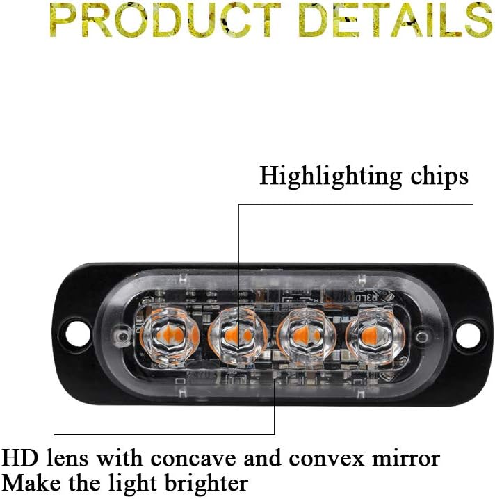 Sidaqi Amber 4-LED Surface Flash Mount Grille Emergency Strobe Lights Ultra Slim Deck Dash Grill Warning Police Light Hazard Beacon Caution Flashing Light for Vehicles Van Waterproof 12-24V-4PCS - Image 3
