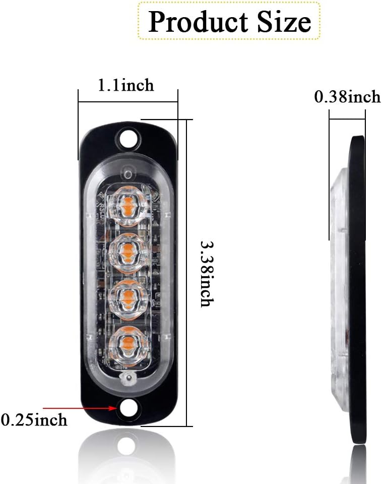 Sidaqi Amber 4-LED Surface Flash Mount Grille Emergency Strobe Lights Ultra Slim Deck Dash Grill Warning Police Light Hazard Beacon Caution Flashing Light for Vehicles Van Waterproof 12-24V-4PCS - Image 2