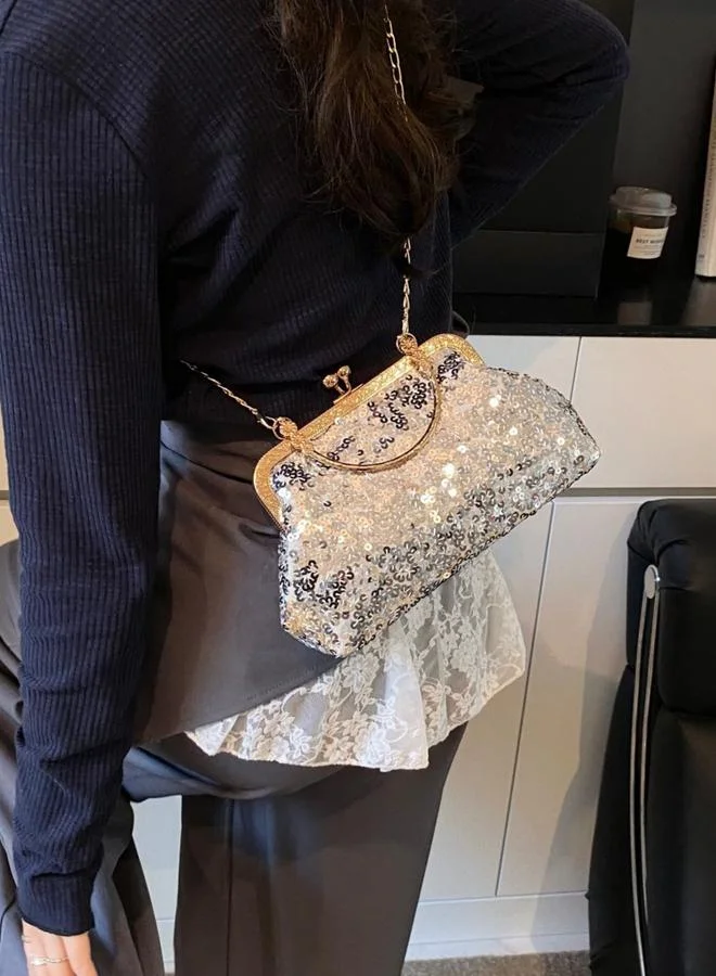 Take Two Silver Embellished Hand Bag with Chain Strap