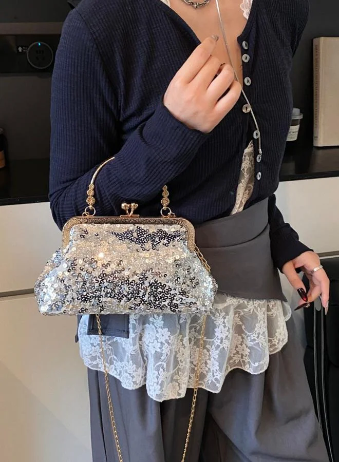 Take Two Silver Embellished Hand Bag with Chain Strap