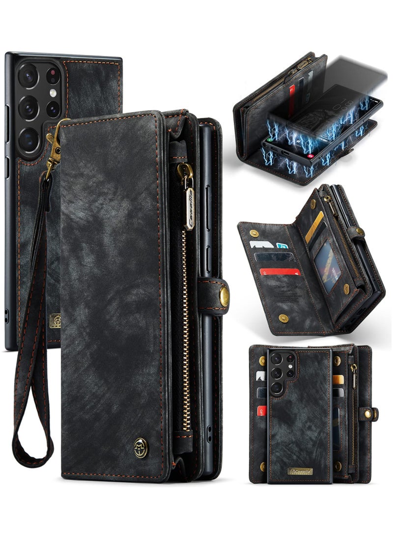 CaseMe For Samsung Galaxy S24 Ultra Wallet Case, Zipper Purse Folio Leather Wallet with Card Holder Wrist Strap, 2-in-1 Detachable Magnetic Shockproof Full Body Protective Back Cover (Black)  - Image 1