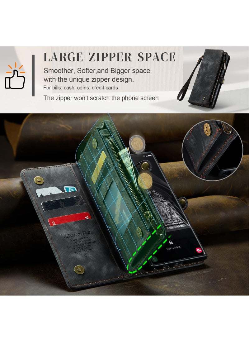 CaseMe For Samsung Galaxy S24 Ultra Wallet Case, Zipper Purse Folio Leather Wallet with Card Holder Wrist Strap, 2-in-1 Detachable Magnetic Shockproof Full Body Protective Back Cover (Black)  - Image 5