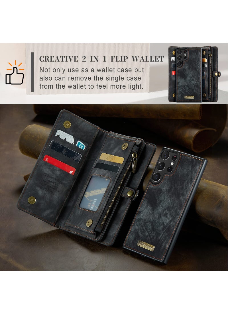 CaseMe For Samsung Galaxy S24 Ultra Wallet Case, Zipper Purse Folio Leather Wallet with Card Holder Wrist Strap, 2-in-1 Detachable Magnetic Shockproof Full Body Protective Back Cover (Black)  - Image 4