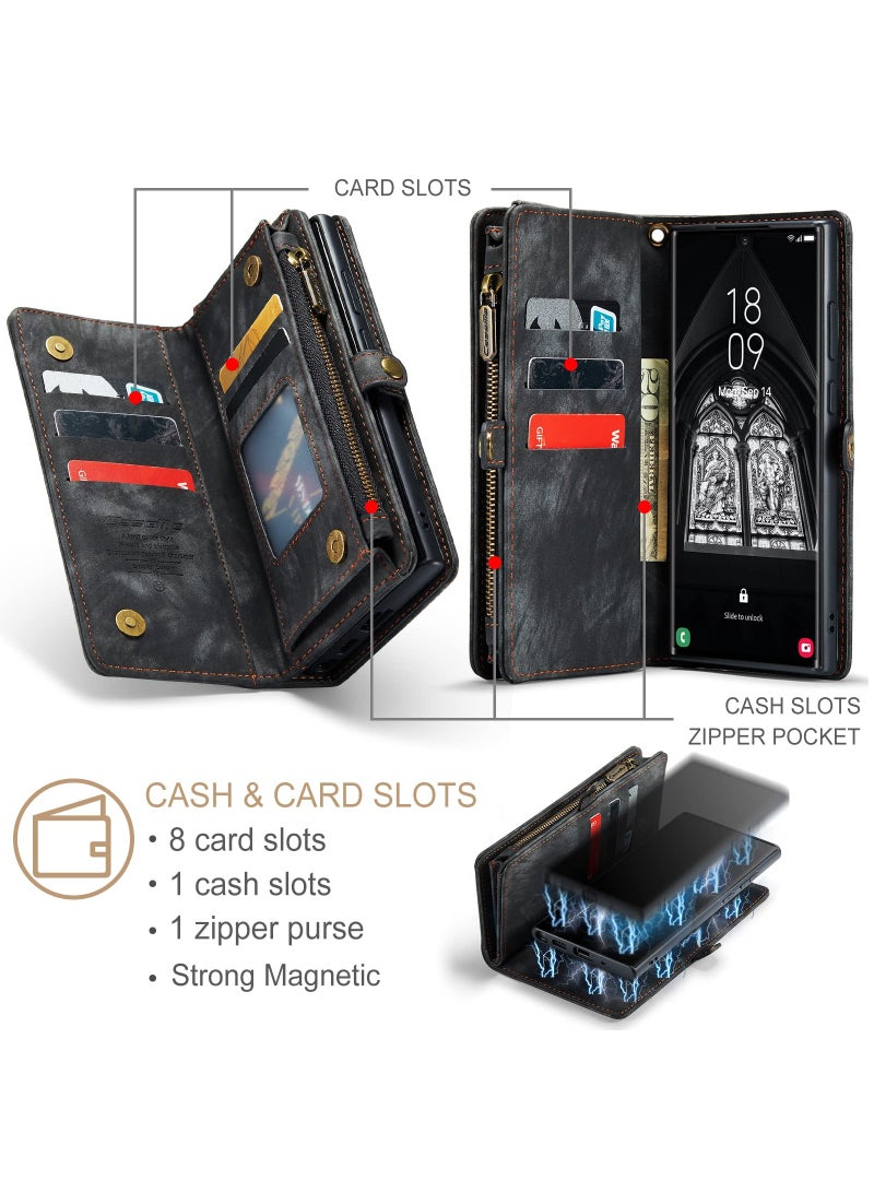 CaseMe For Samsung Galaxy S24 Ultra Wallet Case, Zipper Purse Folio Leather Wallet with Card Holder Wrist Strap, 2-in-1 Detachable Magnetic Shockproof Full Body Protective Back Cover (Black)  - Image 3