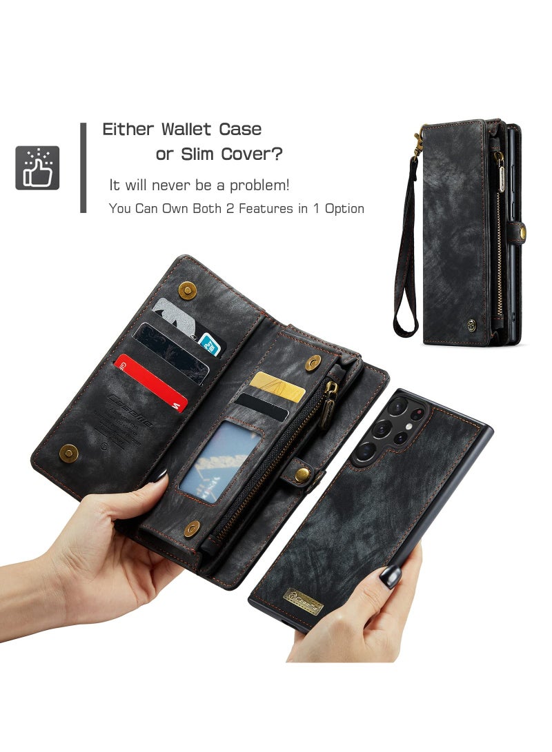 CaseMe For Samsung Galaxy S24 Ultra Wallet Case, Zipper Purse Folio Leather Wallet with Card Holder Wrist Strap, 2-in-1 Detachable Magnetic Shockproof Full Body Protective Back Cover (Black)  - Image 2