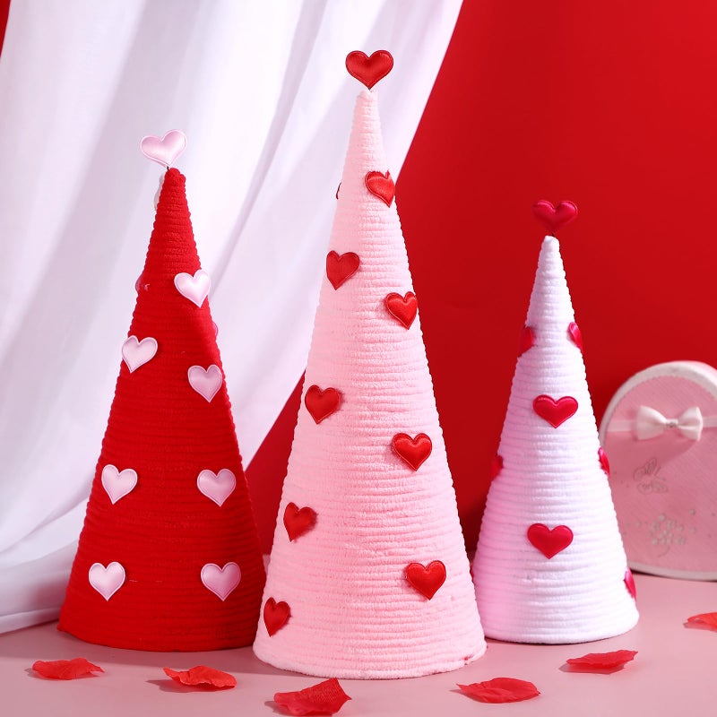 Juinte 3 Pcs Valentine's Day Cone Tree Decorations Artificial Yarn Wrapped Trees with Heart Red Pink White Tabletop Tree for Valentine's Day Wedding Anniversary Home Centerpiece Farmhouse Indoor - Image 1