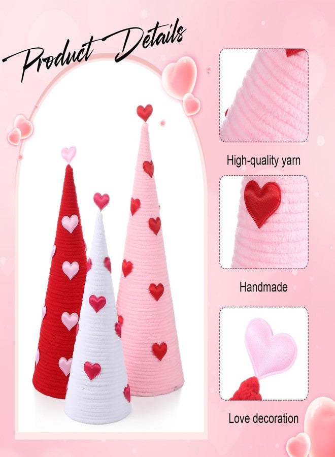 Juinte 3 Pcs Valentine's Day Cone Tree Decorations Artificial Yarn Wrapped Trees with Heart Red Pink White Tabletop Tree for Valentine's Day Wedding Anniversary Home Centerpiece Farmhouse Indoor - Image 3