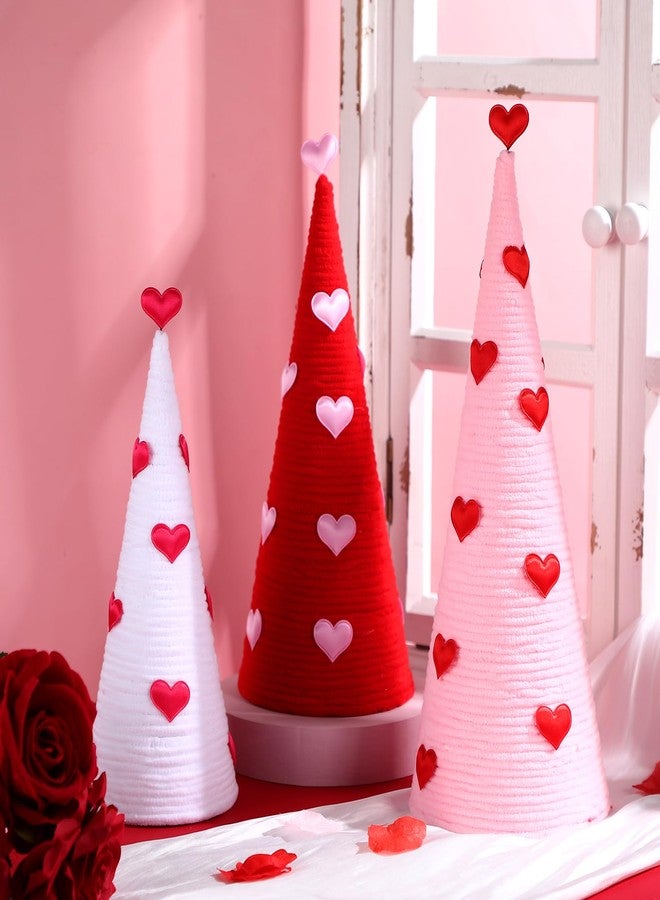 Juinte 3 Pcs Valentine's Day Cone Tree Decorations Artificial Yarn Wrapped Trees with Heart Red Pink White Tabletop Tree for Valentine's Day Wedding Anniversary Home Centerpiece Farmhouse Indoor - Image 4