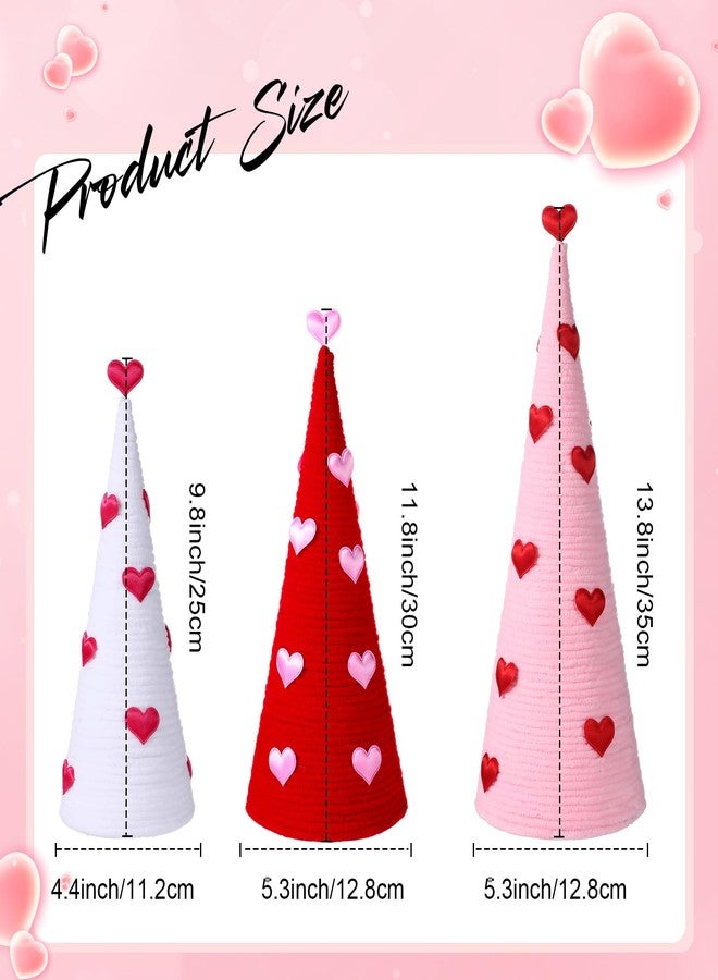 Juinte 3 Pcs Valentine's Day Cone Tree Decorations Artificial Yarn Wrapped Trees with Heart Red Pink White Tabletop Tree for Valentine's Day Wedding Anniversary Home Centerpiece Farmhouse Indoor - Image 2