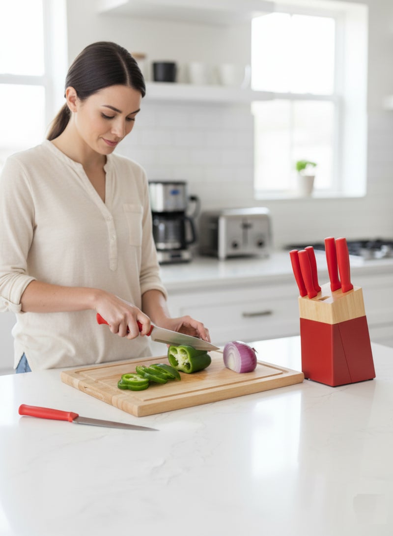 باصرة طقم سكاكين مطبخ احترافي 6 قطع مع حامل خشبي أحمر | شفرات حادة من الفولاذ المقاوم للصدأ ومقابض مريحة | مثالي لتقطيع اللحوم والخضروات والخبز والفواكه - Image 2