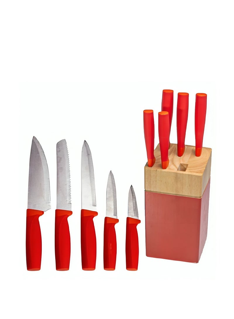 باصرة طقم سكاكين مطبخ احترافي 6 قطع مع حامل خشبي أحمر | شفرات حادة من الفولاذ المقاوم للصدأ ومقابض مريحة | مثالي لتقطيع اللحوم والخضروات والخبز والفواكه - Image 1