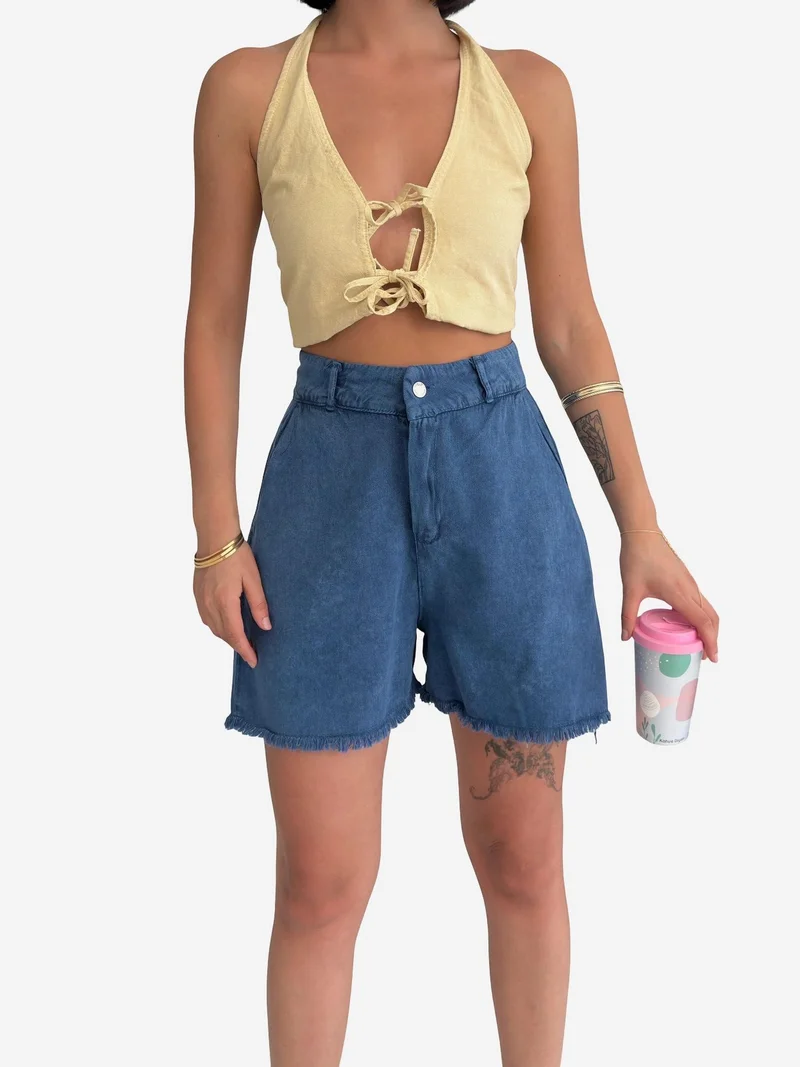 ماي فاشن MY FASHION High Waist Wide Leg Denim Shorts
