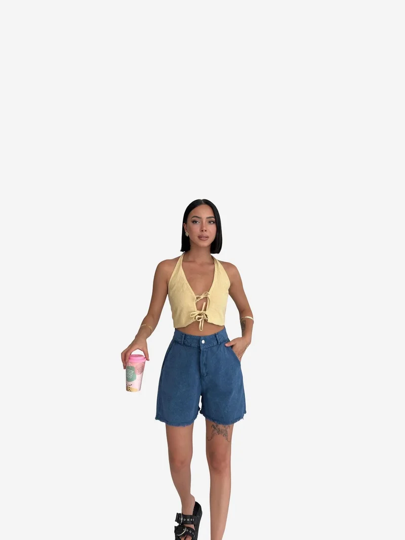 My Fashion Cobalt Blue MY FASHION High Waist Wide Leg Denim Shorts for Women | Best Price UAE