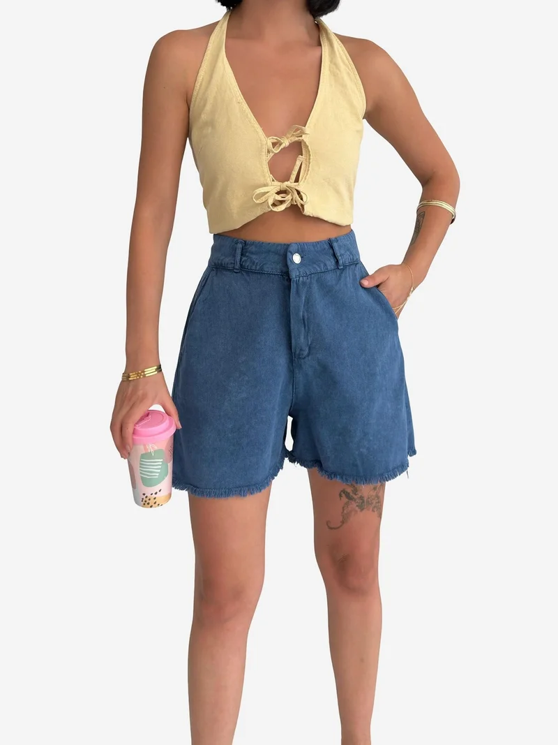 My Fashion Cobalt Blue MY FASHION High Waist Wide Leg Denim Shorts for Women | Best Price UAE
