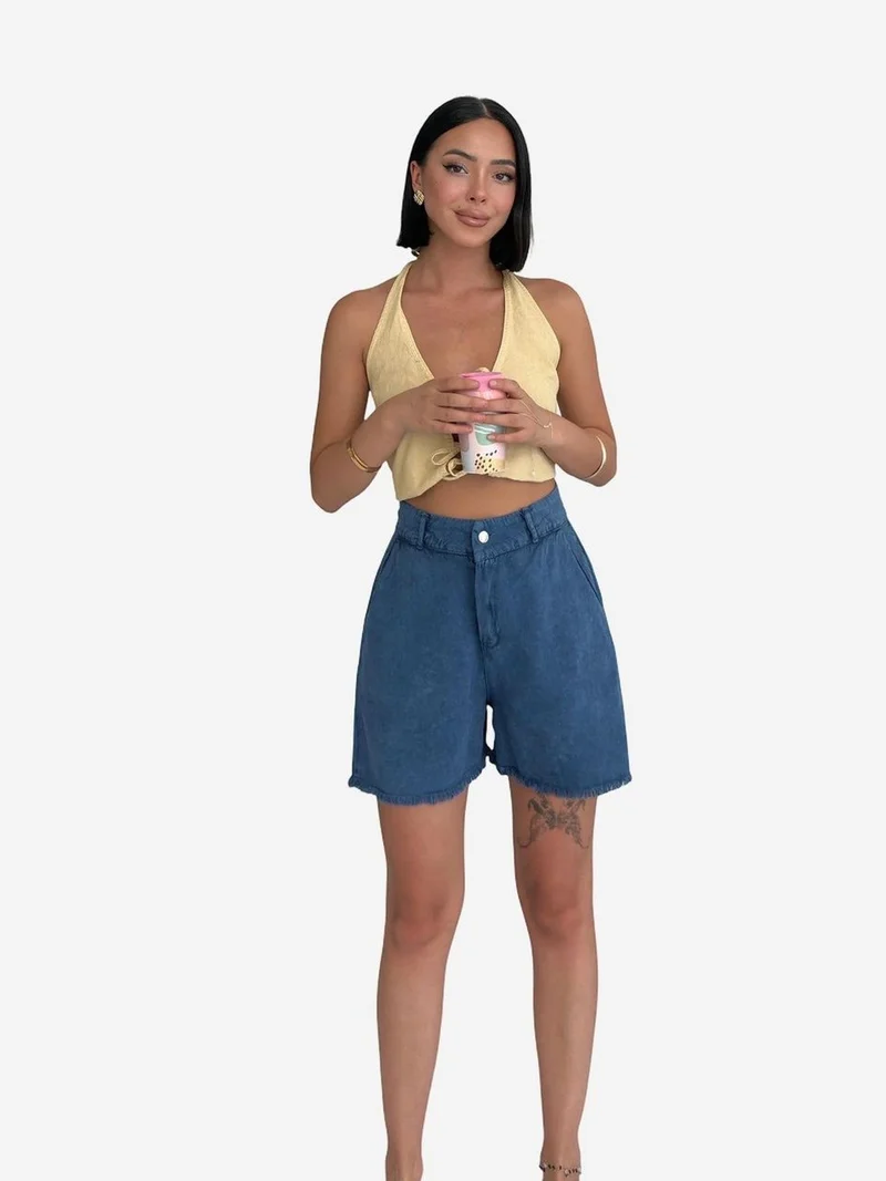 My Fashion Cobalt Blue MY FASHION High Waist Wide Leg Denim Shorts for Women | Best Price UAE