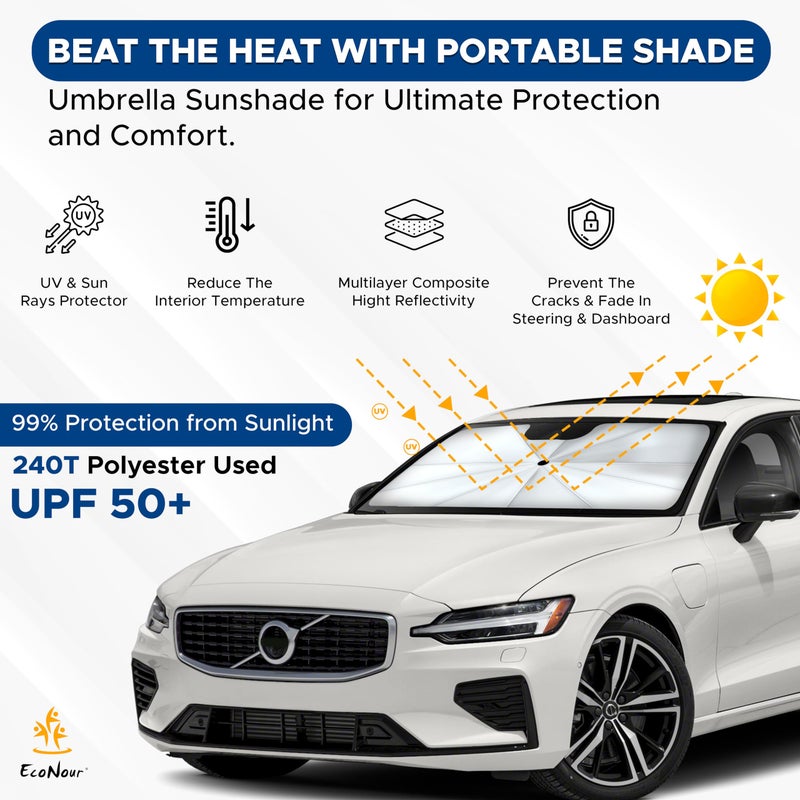 EcoNour Car Windshield Sun Shade | Foldable Car Umbrella Sun Shade | Windshield Cover Sunshade Blocks UV Rays | Sun Visor Protector | Automotive Interior Sun Protection Accessories (Medium 53" x 30") - Image 3