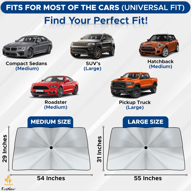 EcoNour Car Windshield Sun Shade | Foldable Car Umbrella Sun Shade | Windshield Cover Sunshade Blocks UV Rays | Sun Visor Protector | Automotive Interior Sun Protection Accessories (Medium 53" x 30") - Image 4