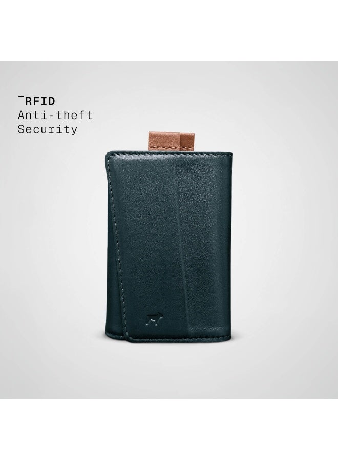 The Frenchie Co. AirTag Speed Wallet | Ultra Slim Front Pocket Wallet with AirTag Holder for Men & Women | RFID Blocking Quick-Access Card Holder with Pull Tab | Full-Grain Italian Leather Minimalist Design | Holds up to 14 Cards & Cash (Green-Tan) - Image 3