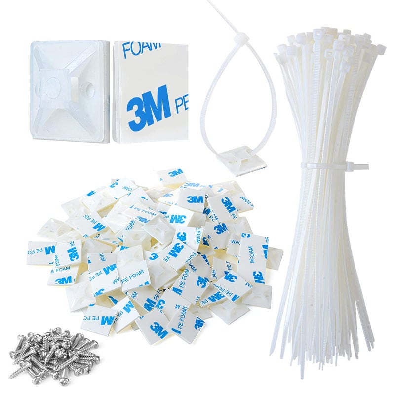 XHF 3/4"" 3M Back-Glue Self Adhesive White Strong Cable Zip Tie Mounts 100Pcs With 8"" Ties Screws Outdoor Sticky Wire Fasteners Cable Clips Management Anchors Organizer Holders Squares - Image 1