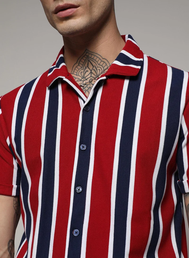 Campus Sutra Men's Navy Blue & Crimson Red Club Striped Shirt