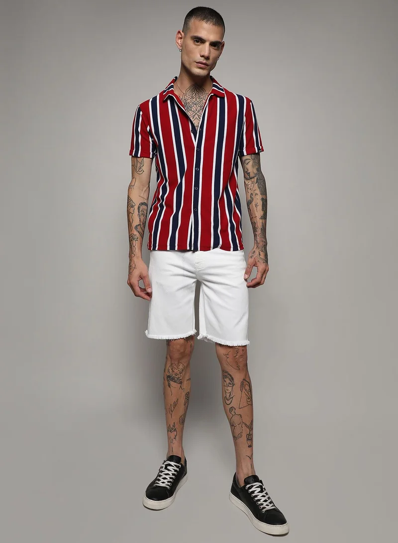 Campus Sutra Men's Navy Blue & Crimson Red Club Striped Shirt