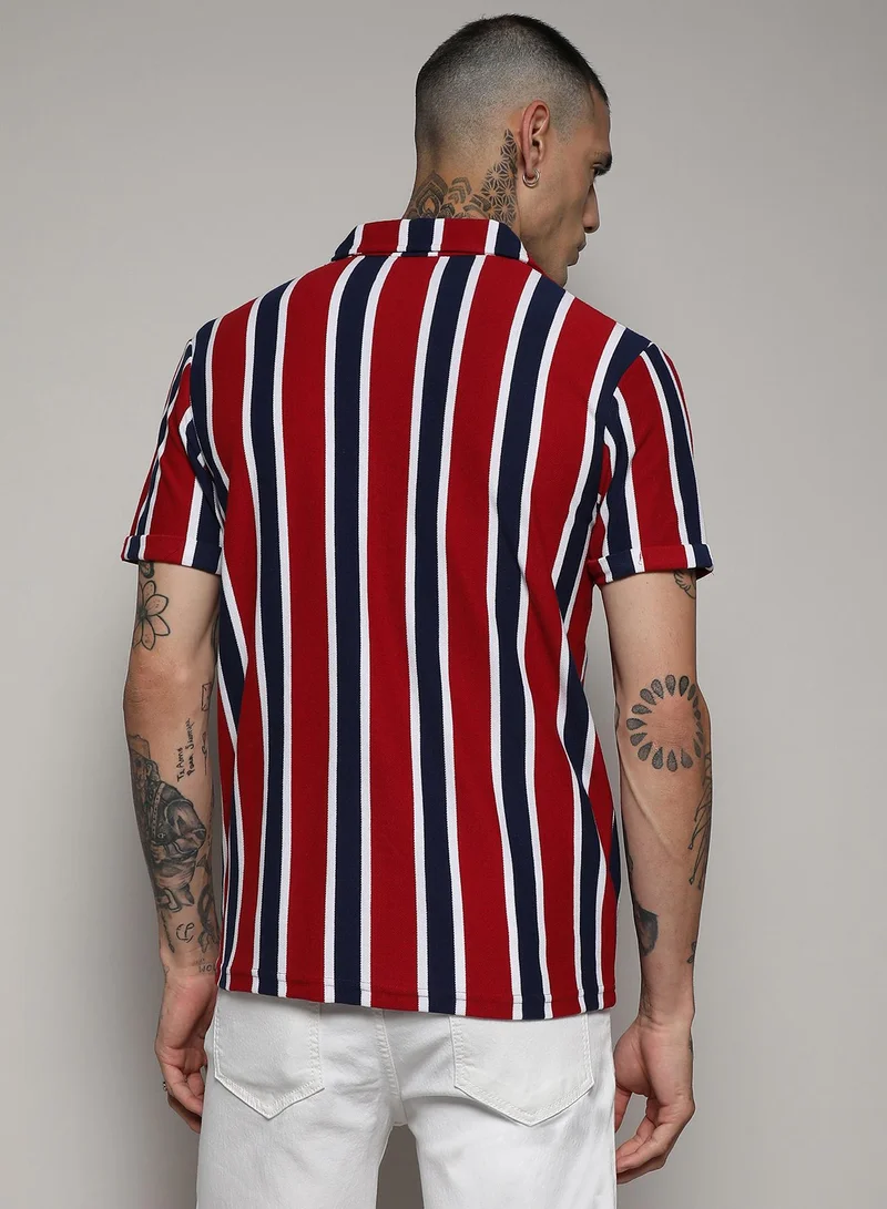 Campus Sutra Men's Navy Blue & Crimson Red Club Striped Shirt