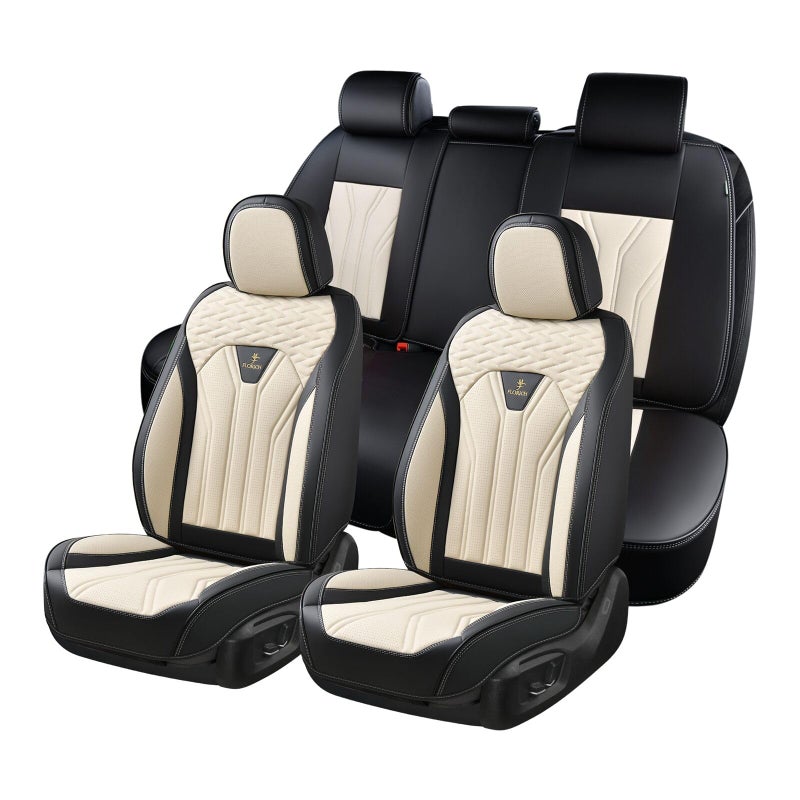 FLORICH Leather Seat Covers, Seat Covers Full Set, Car Seat Protectors 5 Seats, Automotive Seat Covers Fit for Most Cars Trucks SUV- Black&Beige - Image 1