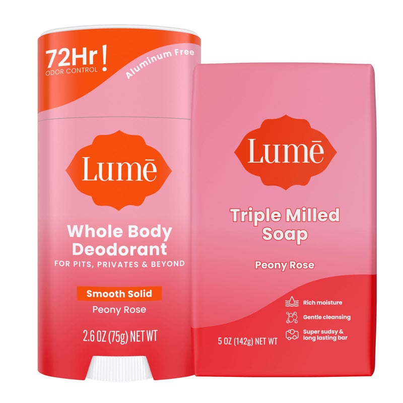 Lume Whole Body Deodorant And Soap  26 Ounce Smooth Solid Stick With 72 Hour Odor Control and 5 Ounce Triple Milled Soap  Aluminum Free Baking Soda Free and Skin Loving Peony Rose