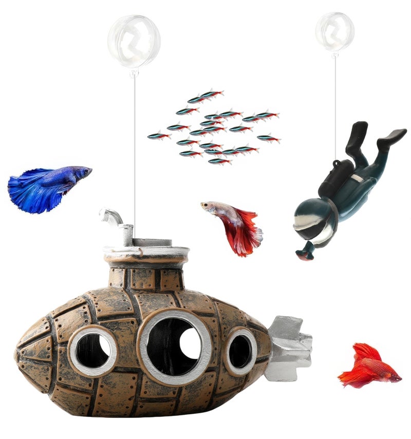 SUPTEC Floating Fish Tank Decoration, LittleCute Retro Submarine AquariumDecoration with Two Float Balls,Resinous Fish Tank Accessorie - Image 1