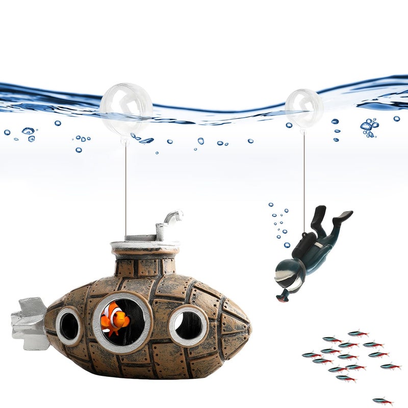 SUPTEC Floating Fish Tank Decoration, LittleCute Retro Submarine AquariumDecoration with Two Float Balls,Resinous Fish Tank Accessorie - Image 2