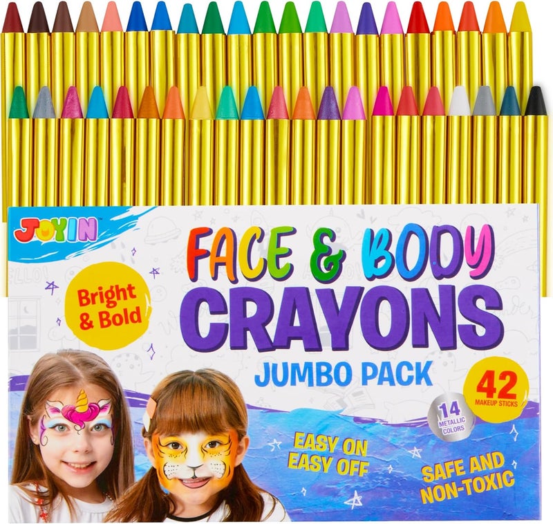JOYIN 42PCS Face and Body Paint Crayons, XL Face Painting Kit Safe and Non-Toxic Ultimate Party Pack Including 14 Metallic Colors for Birthday Makeup Party Supplies, Festivals, Gifts for Kids Girls Boys - Image 1
