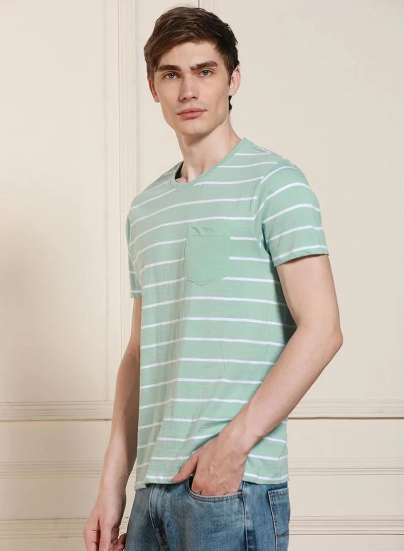 Dennis Lingo Men's Light Blue 100% Cotton Striped Regular Fit T-Shirt