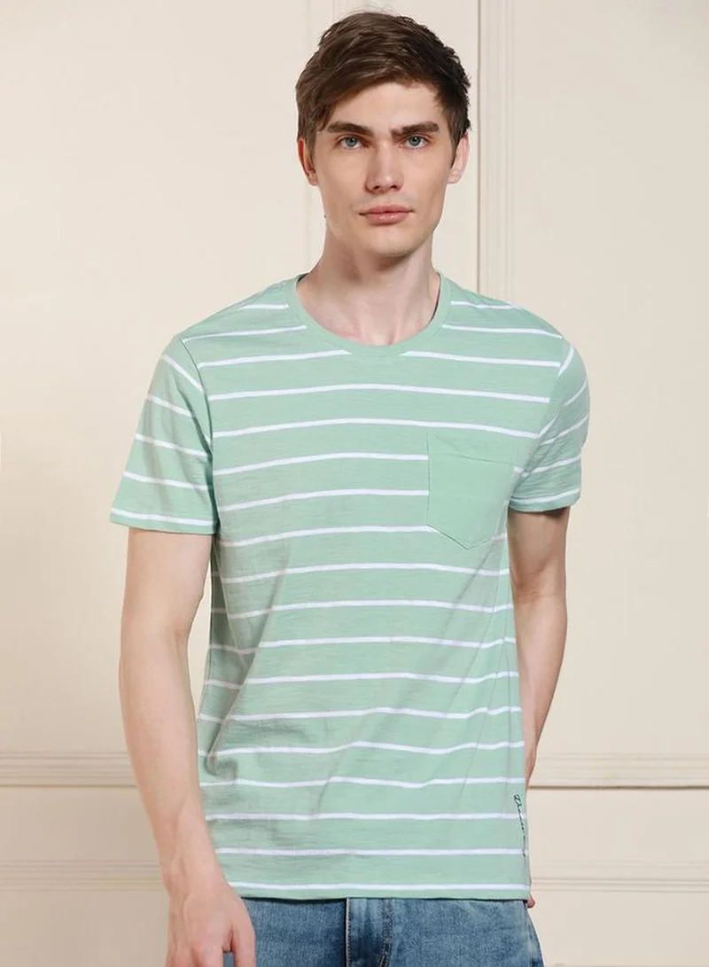 Dennis Lingo Men's Light Blue 100% Cotton Striped Regular Fit T-Shirt