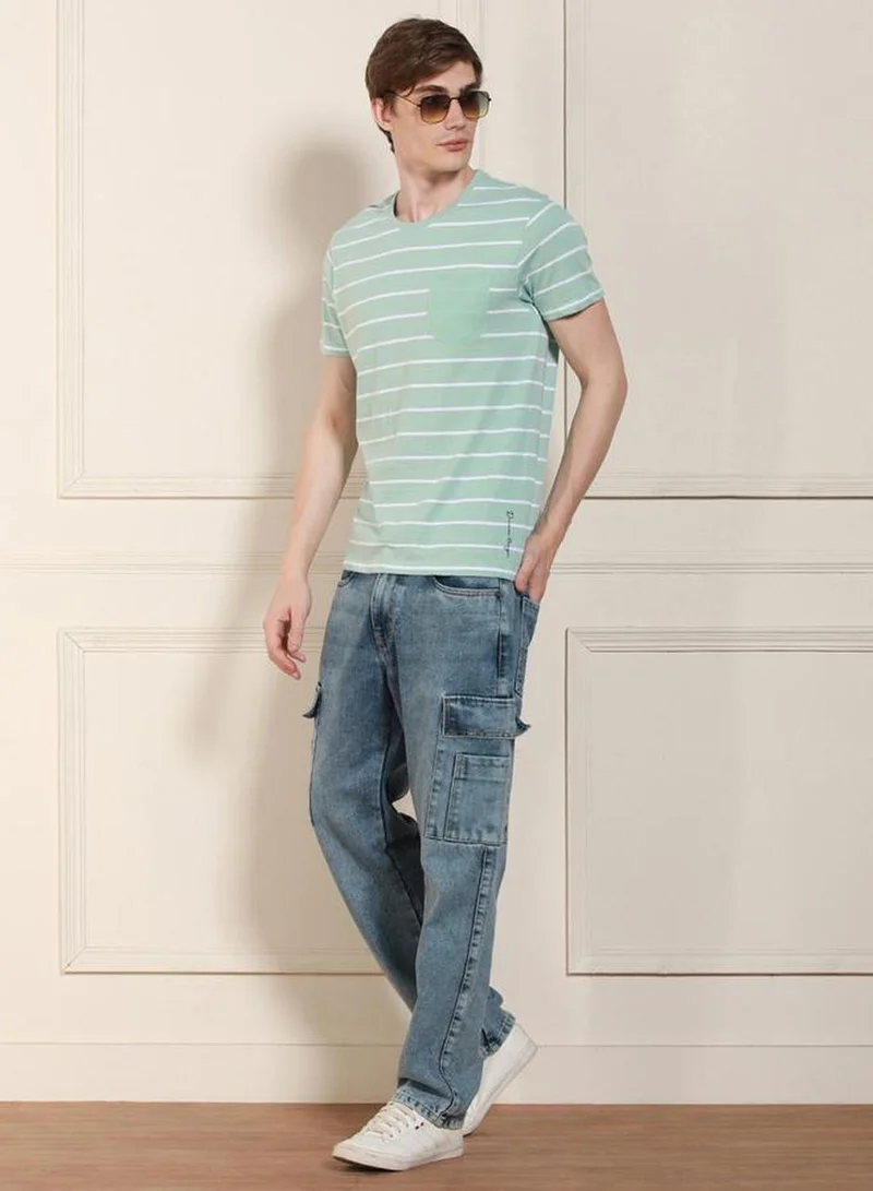 Dennis Lingo Men's Light Blue 100% Cotton Striped Regular Fit T-Shirt