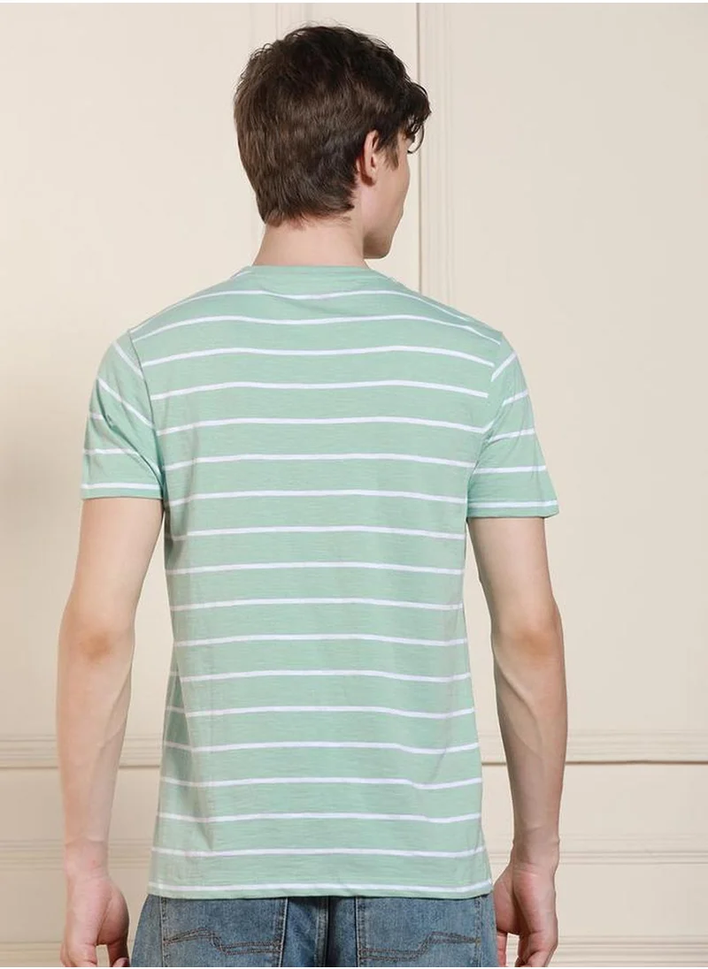 Dennis Lingo Men's Light Blue 100% Cotton Striped Regular Fit T-Shirt