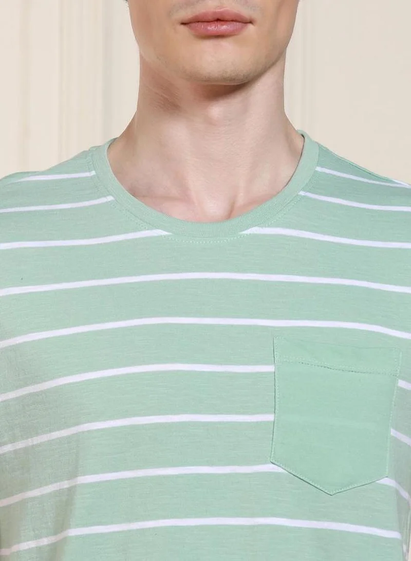 Dennis Lingo Men's Light Blue 100% Cotton Striped Regular Fit T-Shirt