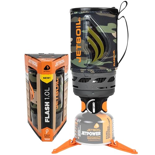 Jetboil Flash 1.0L Portable Fast Boil Stove for Camping and Backpacking with 1-Step Auto Ignition, New for 2025, Propane/Isobutane Burner with Cooking Cup, Dark Camo - Image 1