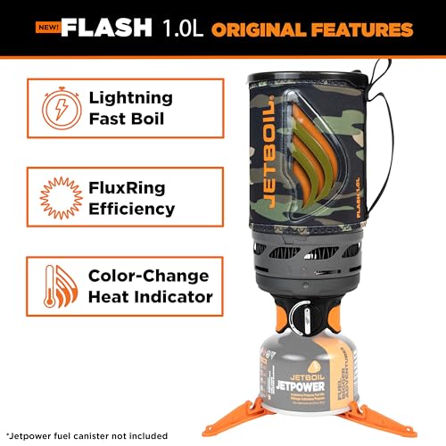Jetboil Flash 1.0L Portable Fast Boil Stove for Camping and Backpacking with 1-Step Auto Ignition, New for 2025, Propane/Isobutane Burner with Cooking Cup, Dark Camo - Image 4