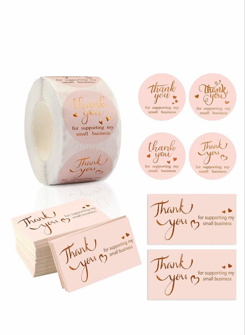 600 Pieces Thank You Cards And Stickers Set Pink Gold Foil Thank You For Supporting My Small Business Cards And Sticker Set For Retail Store Package Insert Envelope Seals Business Owner Sellers - Image 1