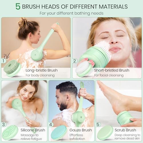 Keweis Electric Body Brush Back Scrubber for Shower, Auto Spinning Exfoliating Massage Bath Brush Rechargeable, Dual Long Handle, Deep Cleansing, Waterproof, Rotating Body Brushes with 5 Brush Heads - Image 2