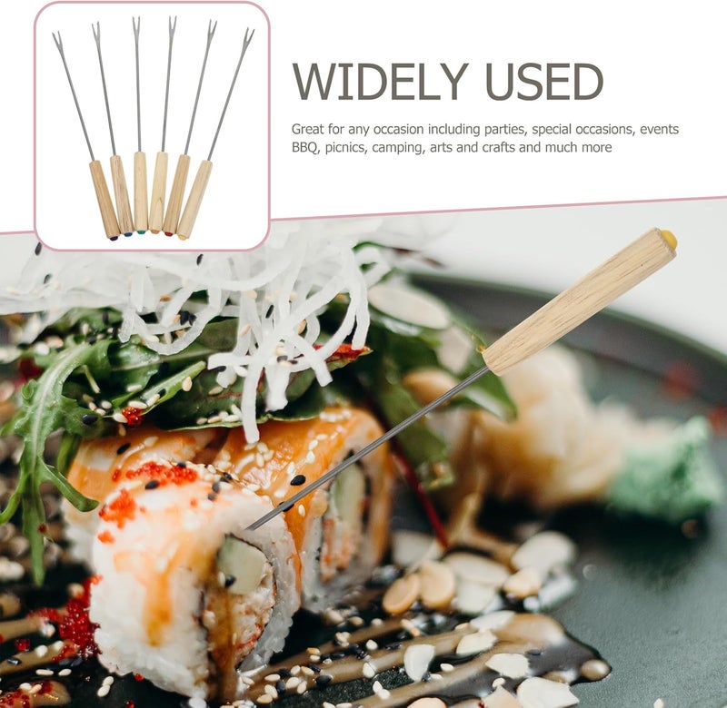 VICASKY 6pcs Oak Handle Stainless Steel Cheese Fondue Forks Set, Long Barbecue and Dessert Serving Forks for Buffet and Party Use - Image 4