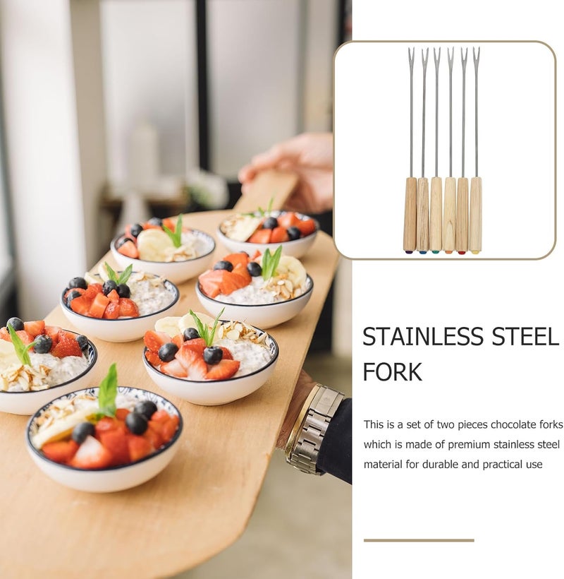 VICASKY 6pcs Oak Handle Stainless Steel Cheese Fondue Forks Set, Long Barbecue and Dessert Serving Forks for Buffet and Party Use - Image 3