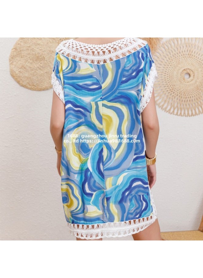 Generic - Direct And Blue Printed Blouse Seaside Hand Hook Crochet Wool Cotton Beach Skirt-Color:sky Blue- - Image 1